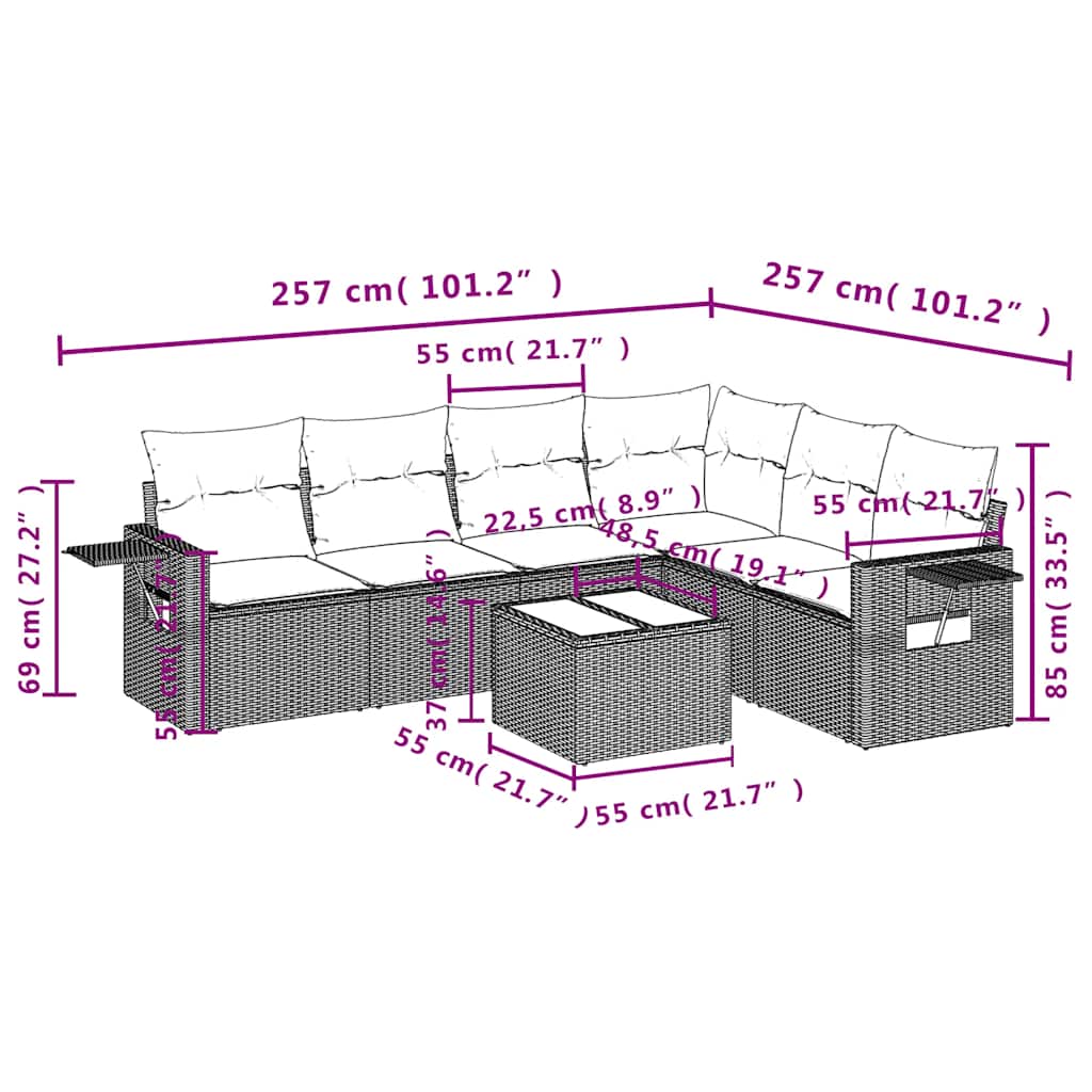 Set Divani da Giardino 7pz con Cuscini Grigio Chiaro Polyrattan