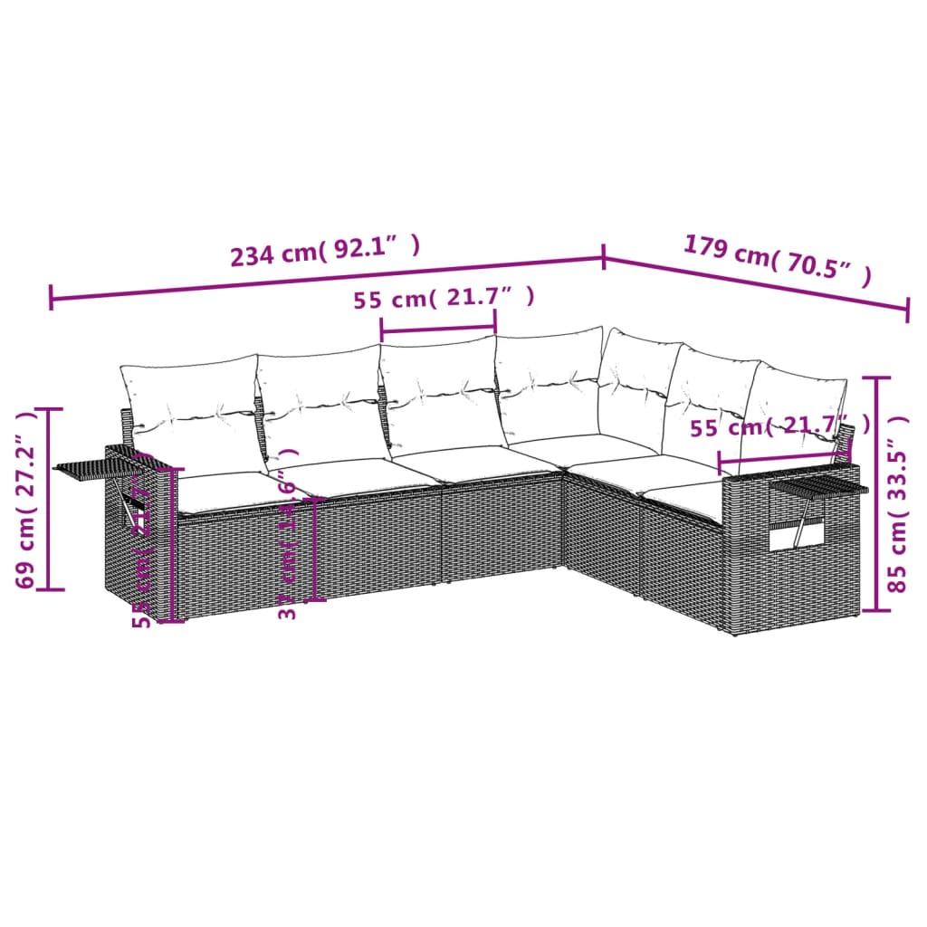 Set Divani da Giardino 7 pz con Cuscini Marrone in Polyrattan