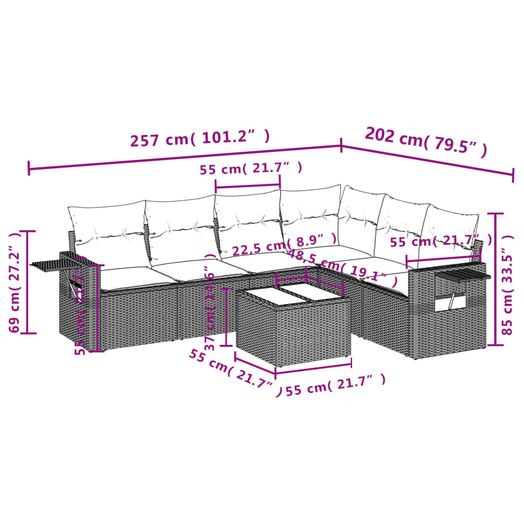 Set Divani da Giardino 7 pz con Cuscini Marrone in Polyrattan