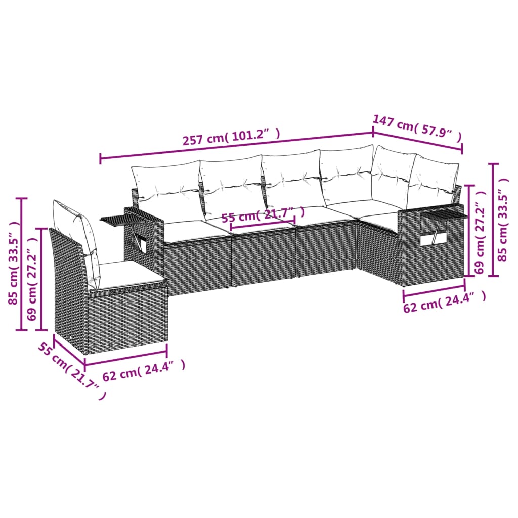 Set Divani da Giardino 6 pz con Cuscini Nero in Polyrattan