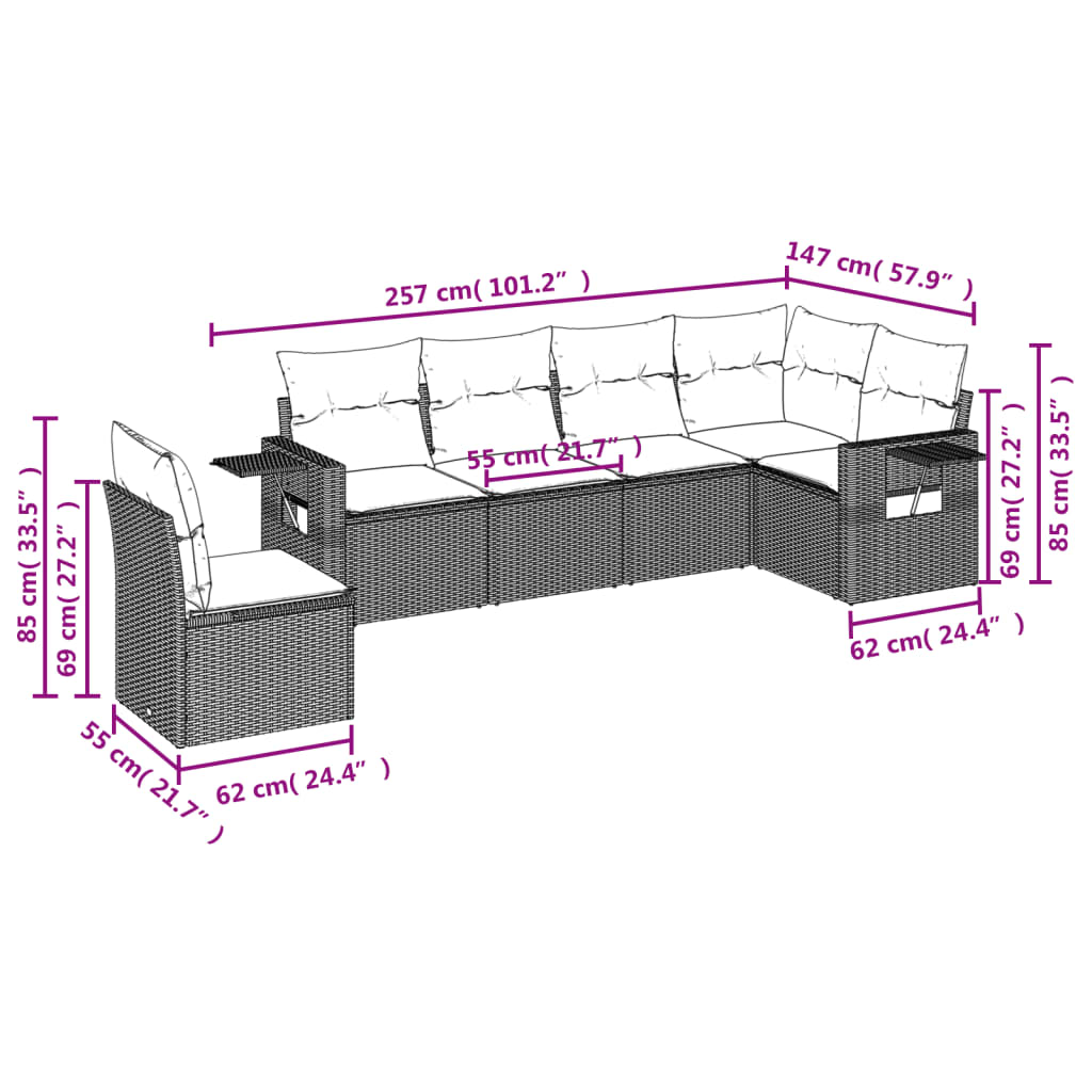 Set Divani da Giardino 6 pz con Cuscini Grigio in Polyrattan