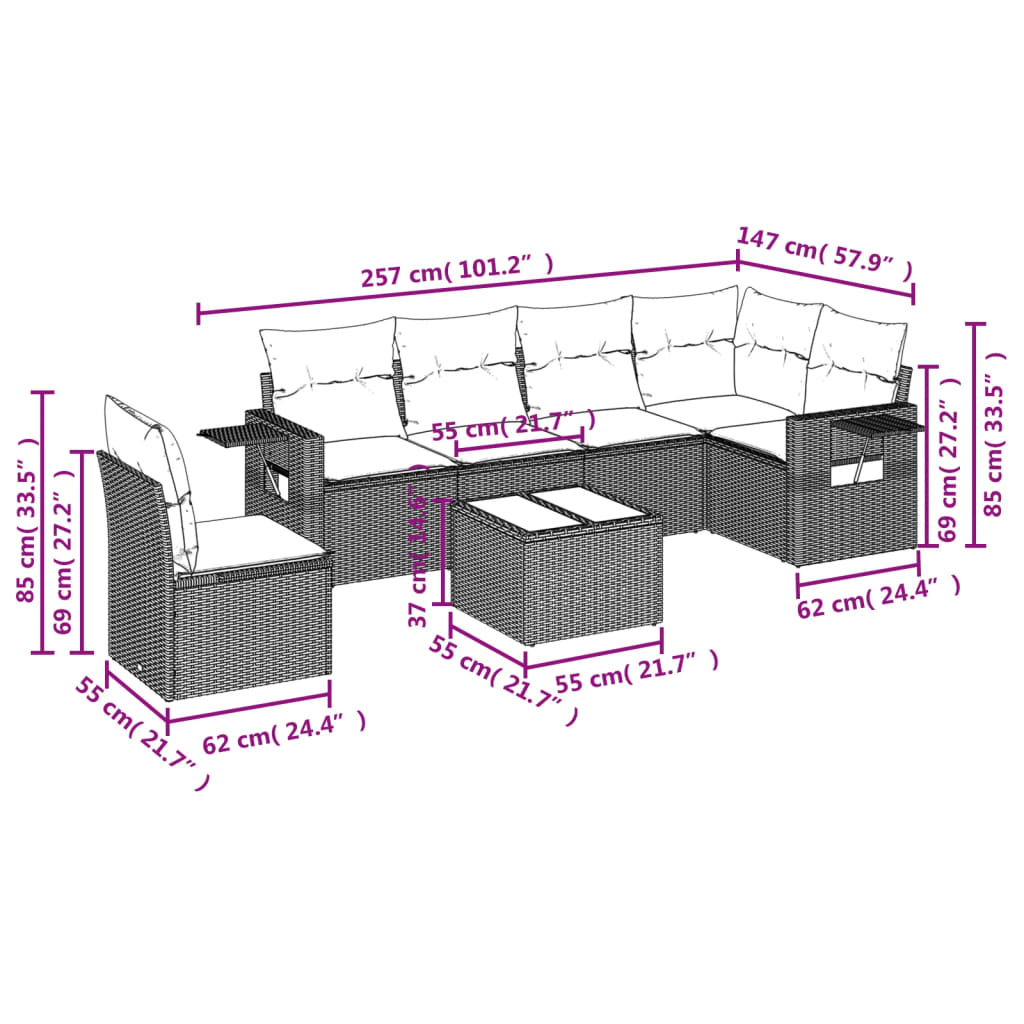 Set Divani da Giardino 7 pz con Cuscini Grigio in Polyrattan