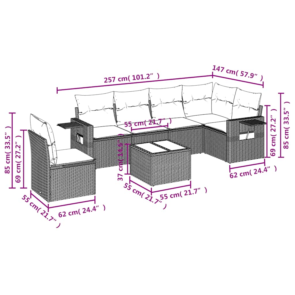 Set Divani da Giardino 7pz con Cuscini Grigio Chiaro Polyrattan