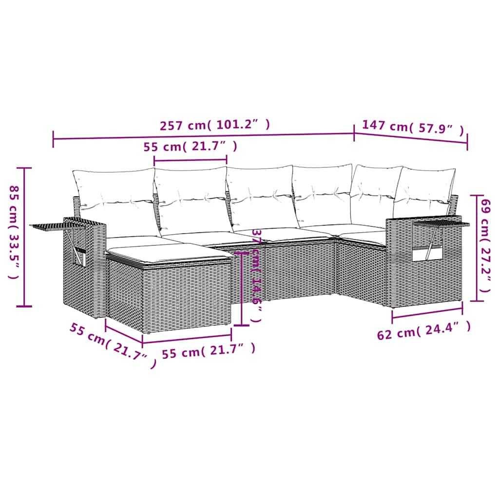 Set Divano da Giardino 6 pz con Cuscini Nero in Polyrattan