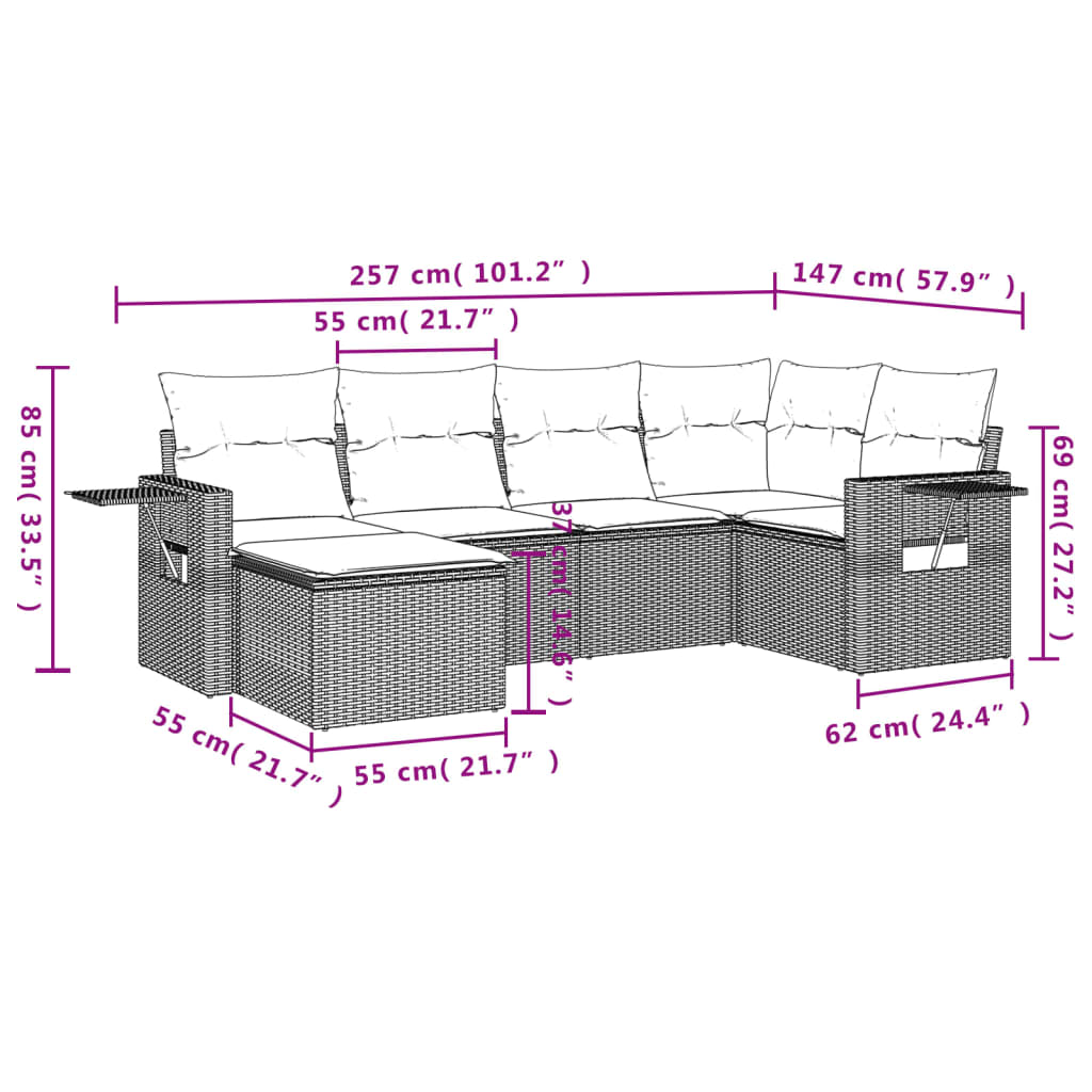 Set Divano da Giardino 6 pz con Cuscini Nero in Polyrattan