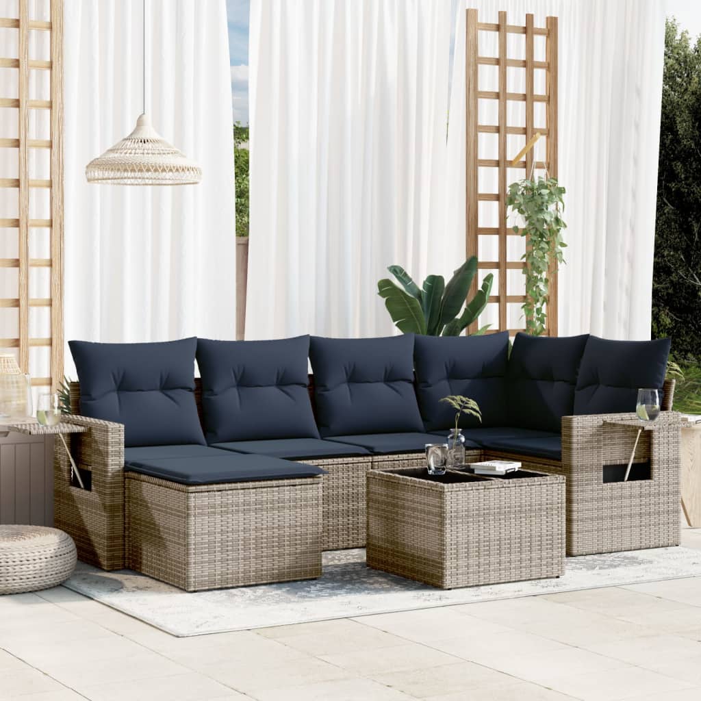 Set Divani da Giardino 7 pz con Cuscini Grigio in Polyrattan