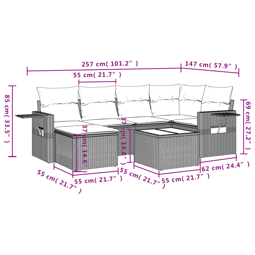 Set Divani da Giardino 7 pz con Cuscini Grigio in Polyrattan