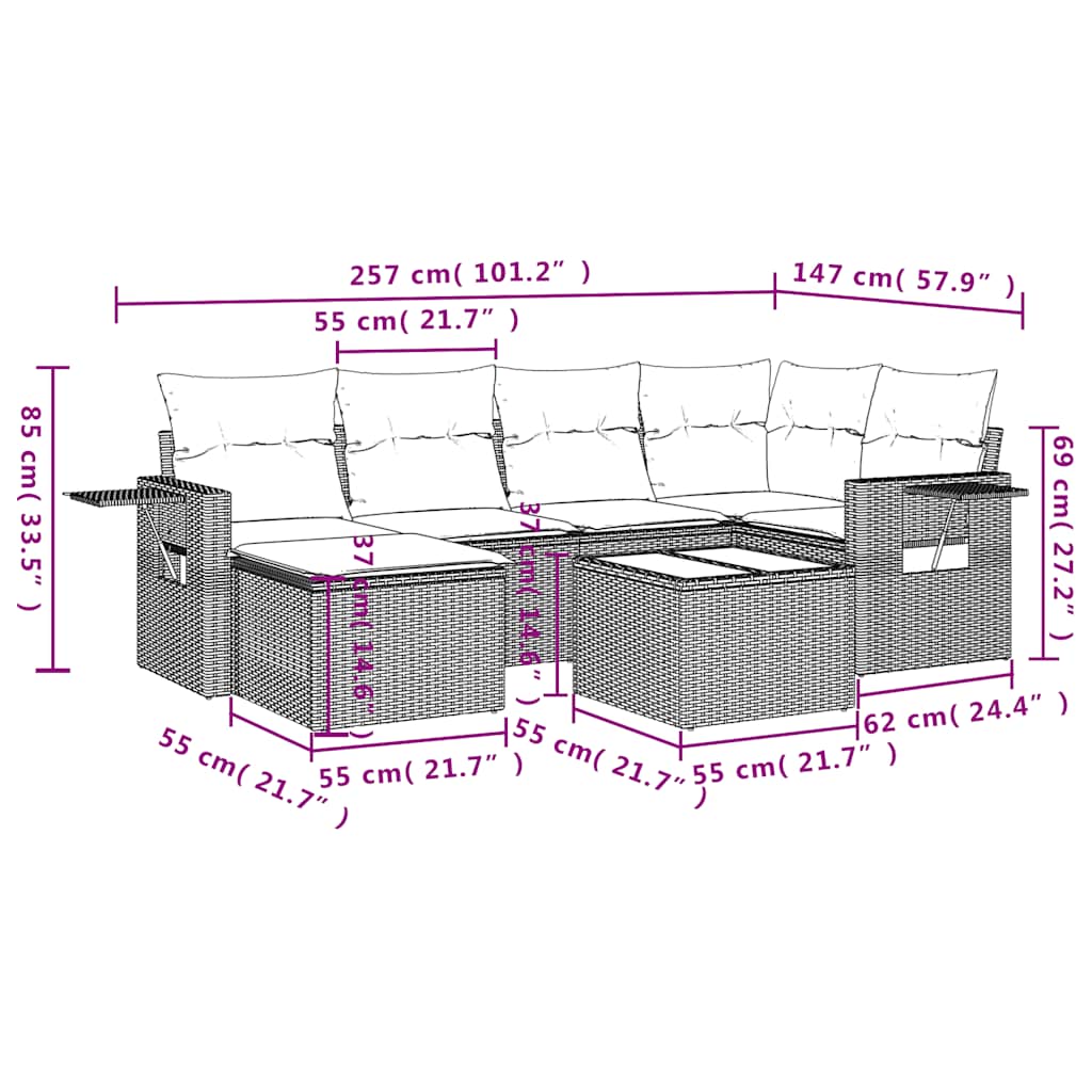 Set Divani da Giardino 7pz con Cuscini Grigio Chiaro Polyrattan