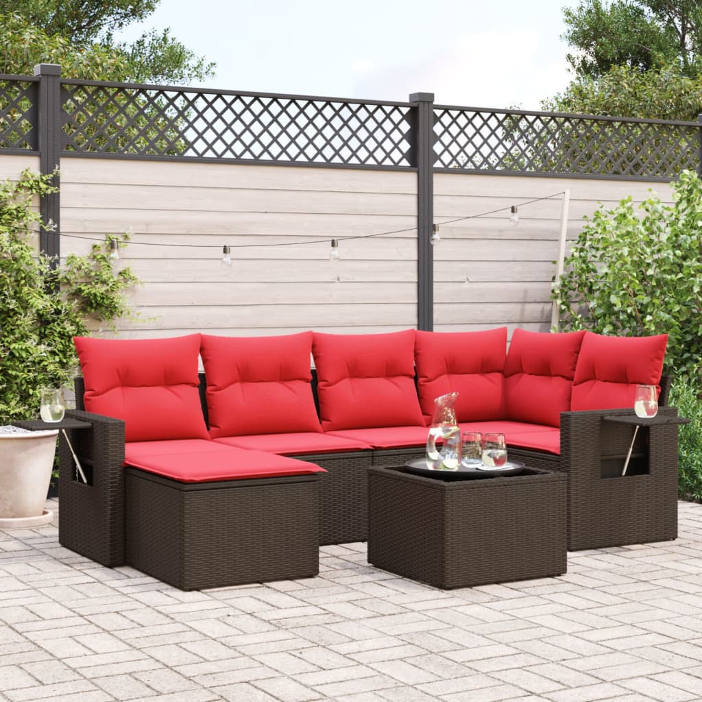 Set Divani da Giardino 7 pz con Cuscini Marrone in Polyrattan