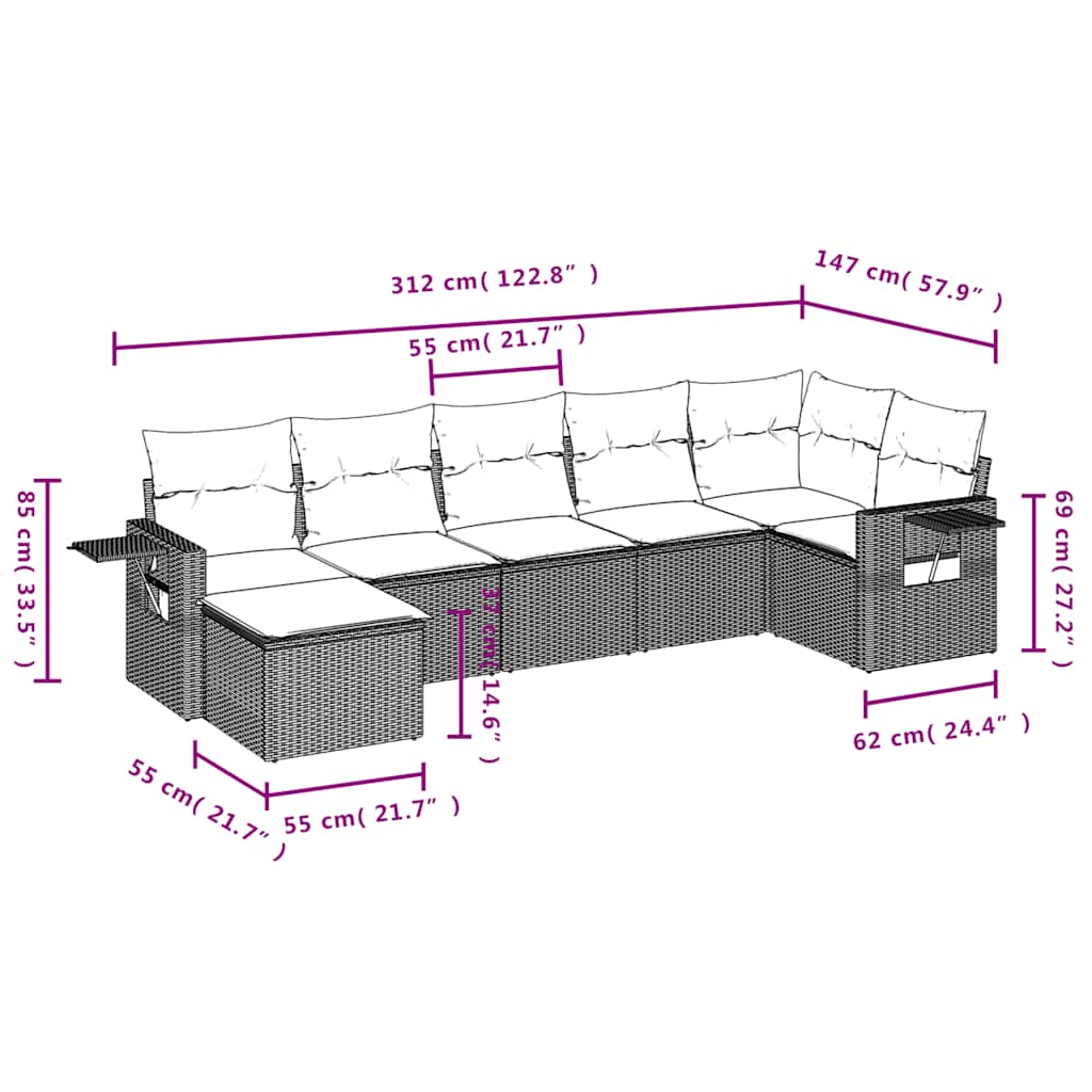 Set Divani da Giardino 7pz con Cuscini Grigio Chiaro Polyrattan