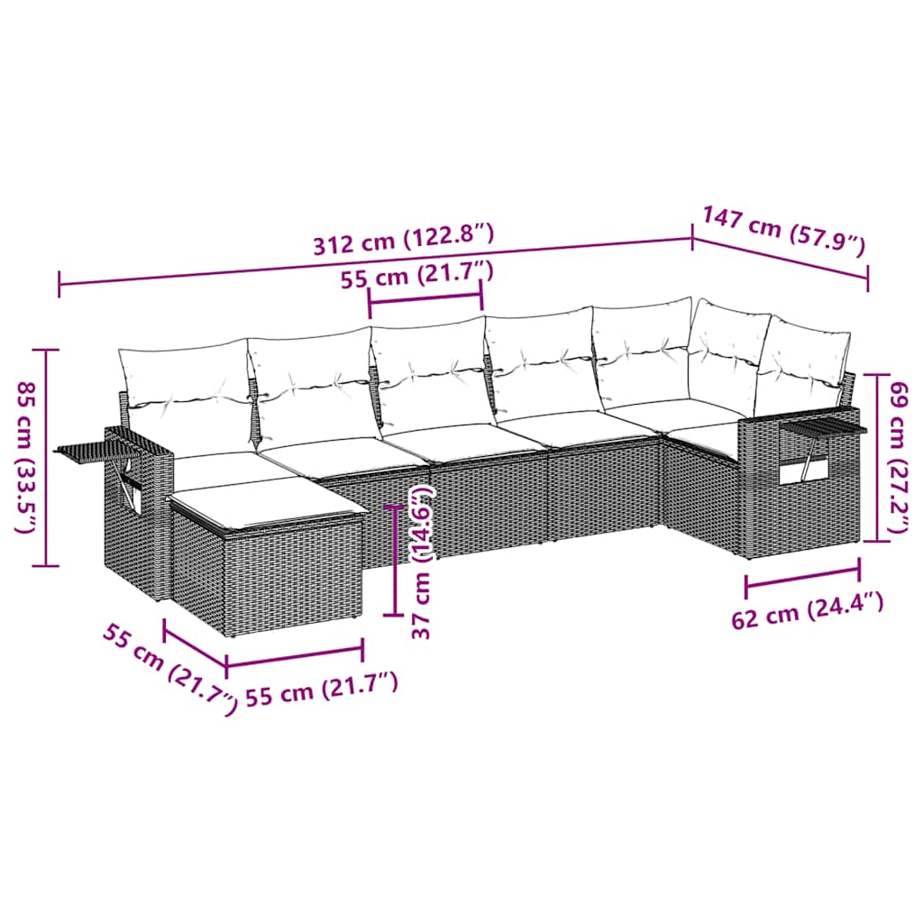 Set Divani da Giardino 7 pz con Cuscini Marrone in Polyrattan