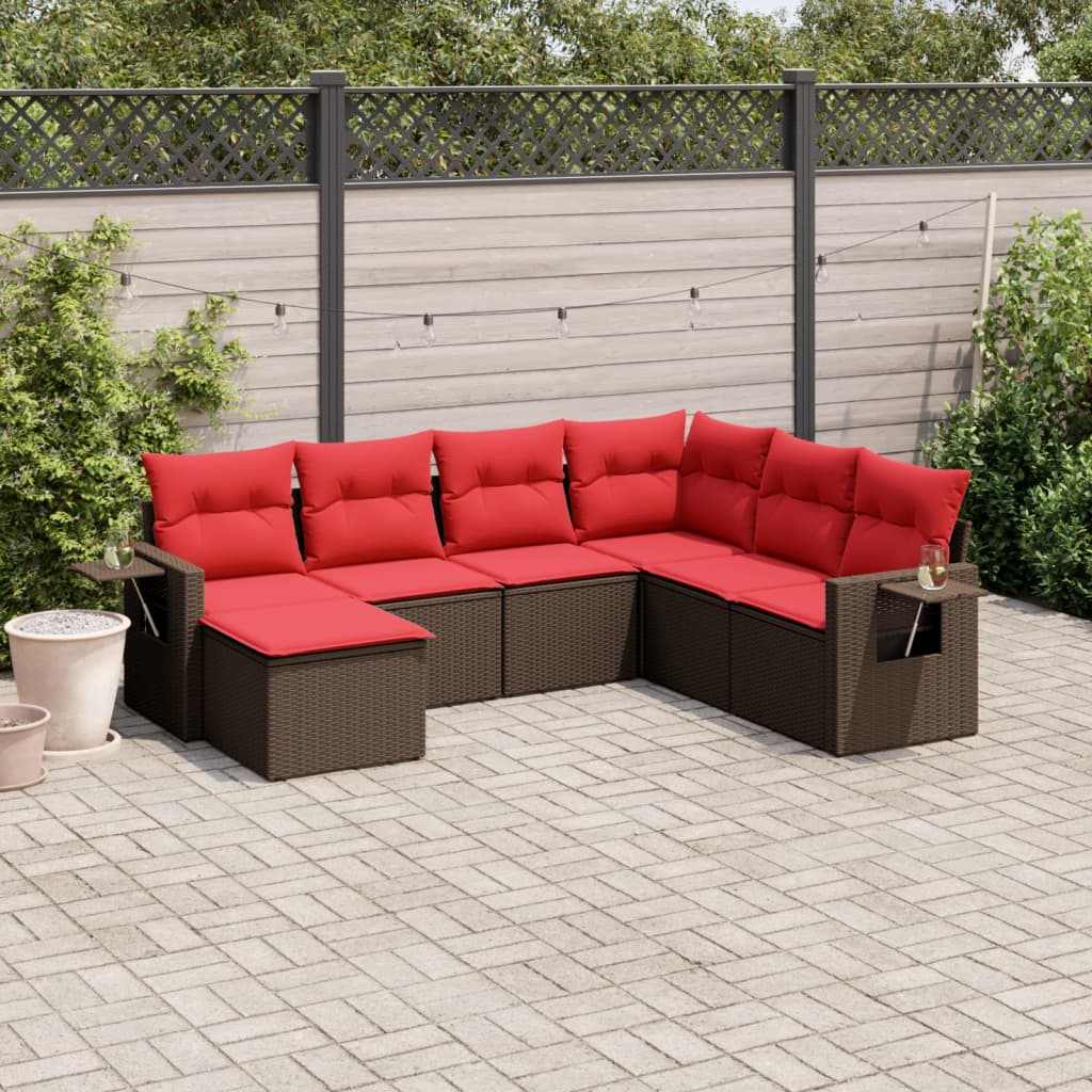 Set Divani da Giardino 7 pz con Cuscini Marrone in Polyrattan