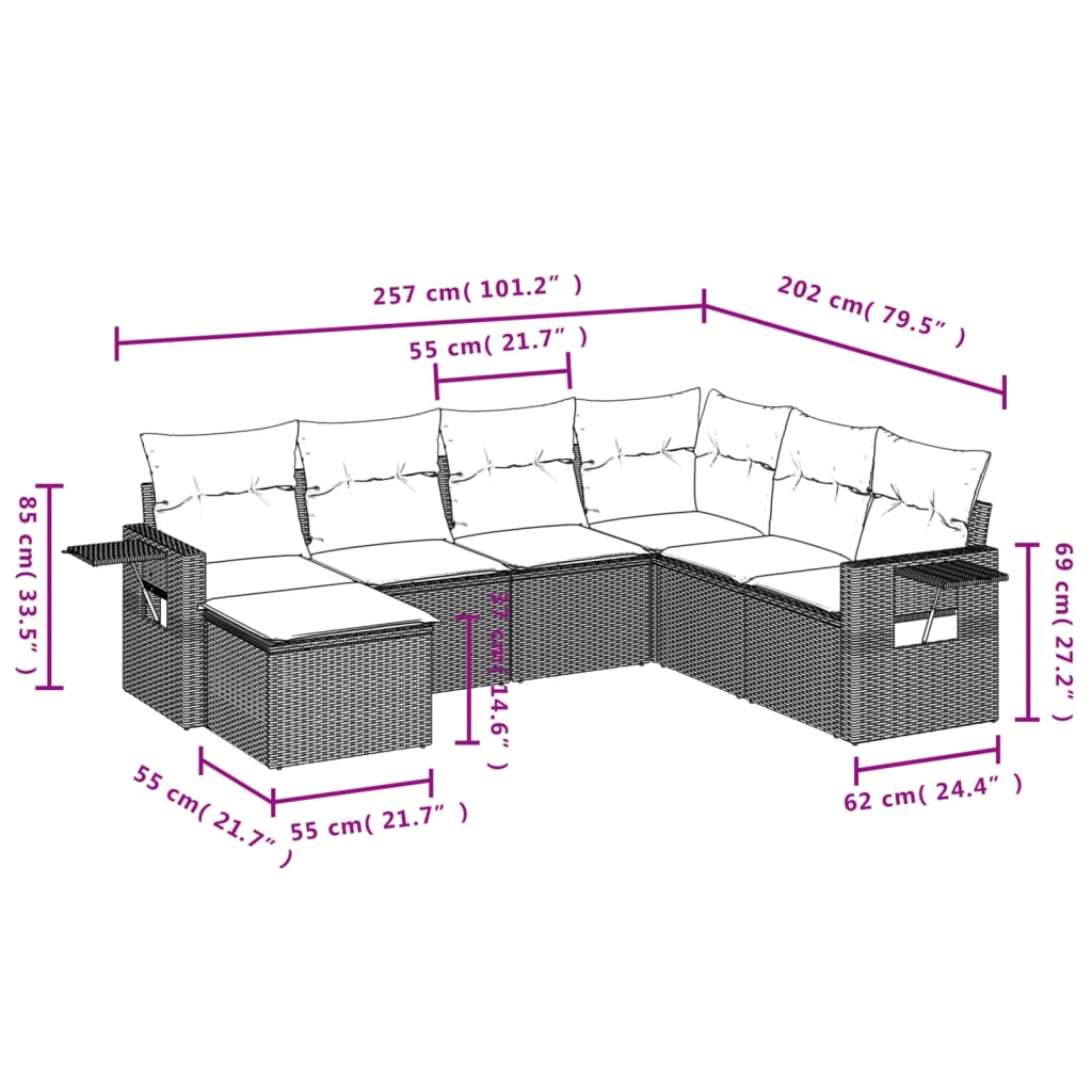 Set Divani da Giardino 7 pz con Cuscini Marrone in Polyrattan
