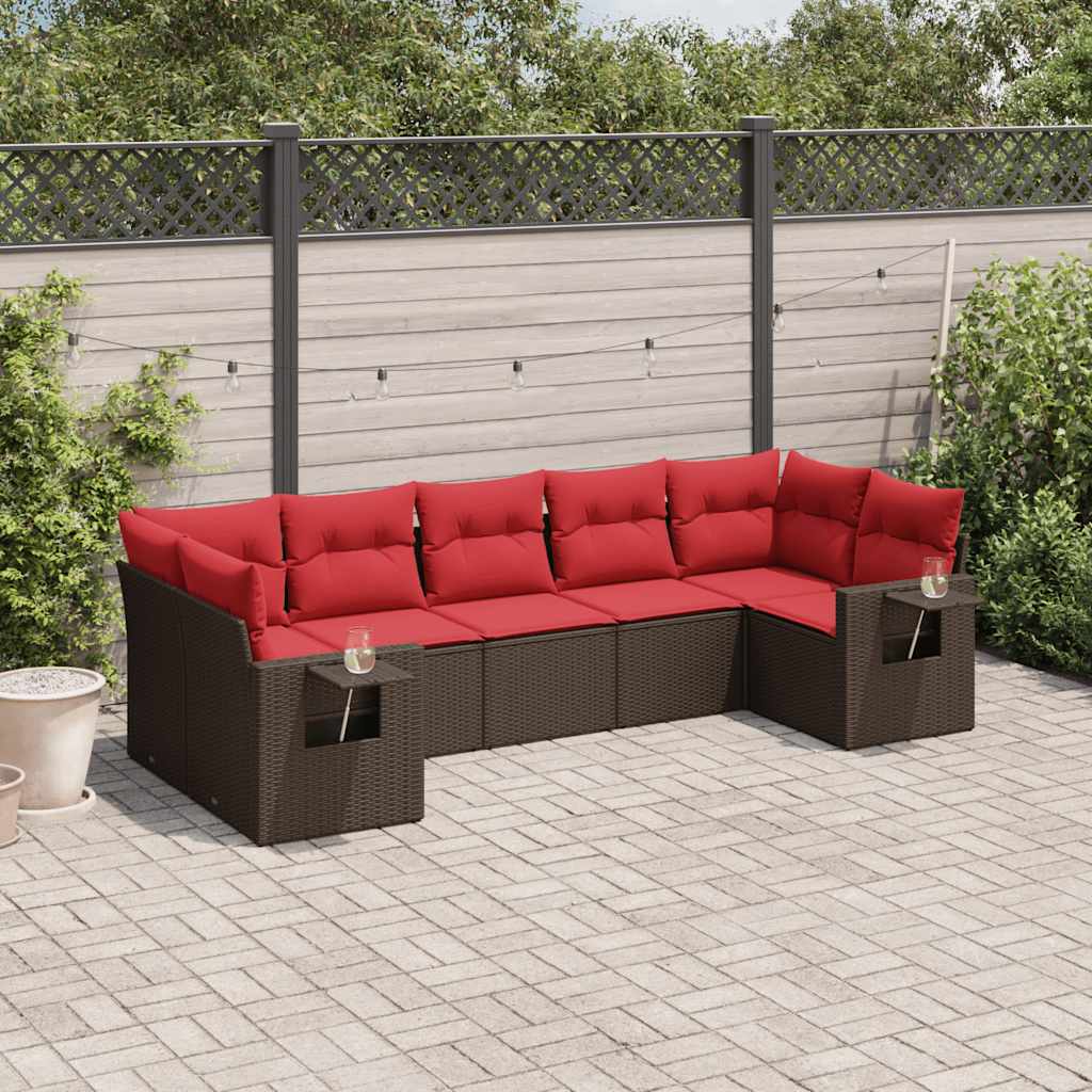 Set Divani da Giardino 7 pz con Cuscini Marrone in Polyrattan