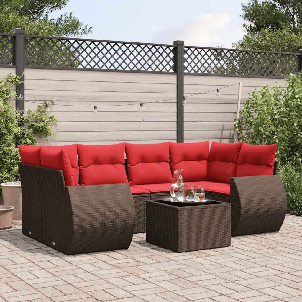 Set Divani da Giardino 7 pz con Cuscini Marrone in Polyrattan