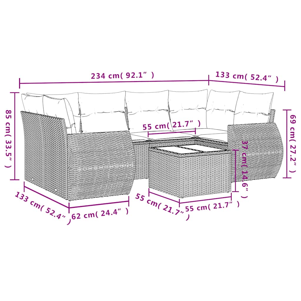 Set Divani da Giardino 7 pz con Cuscini Marrone in Polyrattan