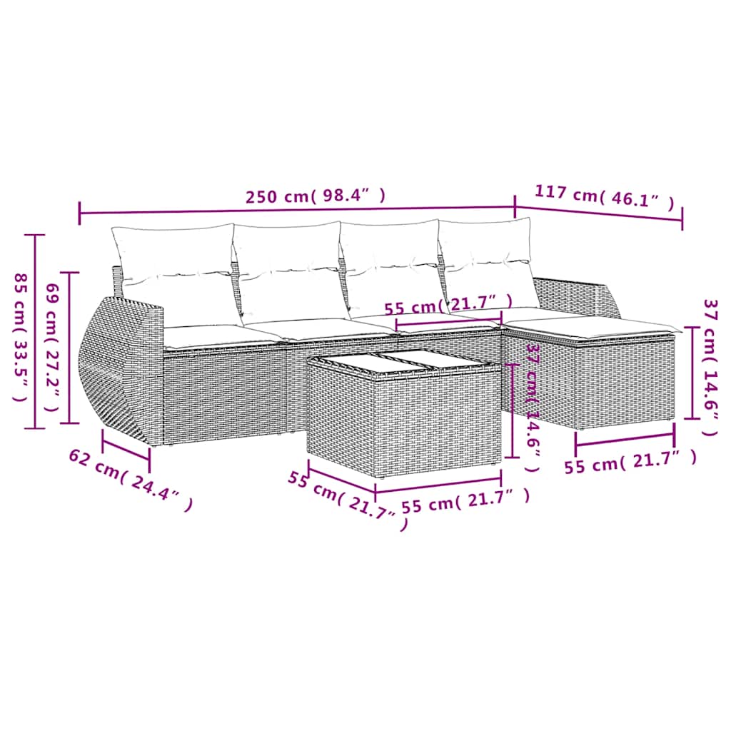 Set Divani da Giardino 6 pz con Cuscini Nero in Polyrattan