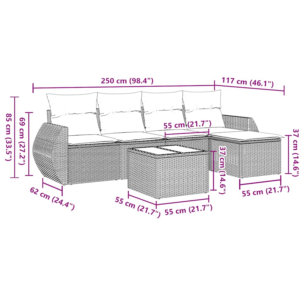 Set Divano da Giardino 6pz con Cuscini Grigio Chiaro Polyrattan