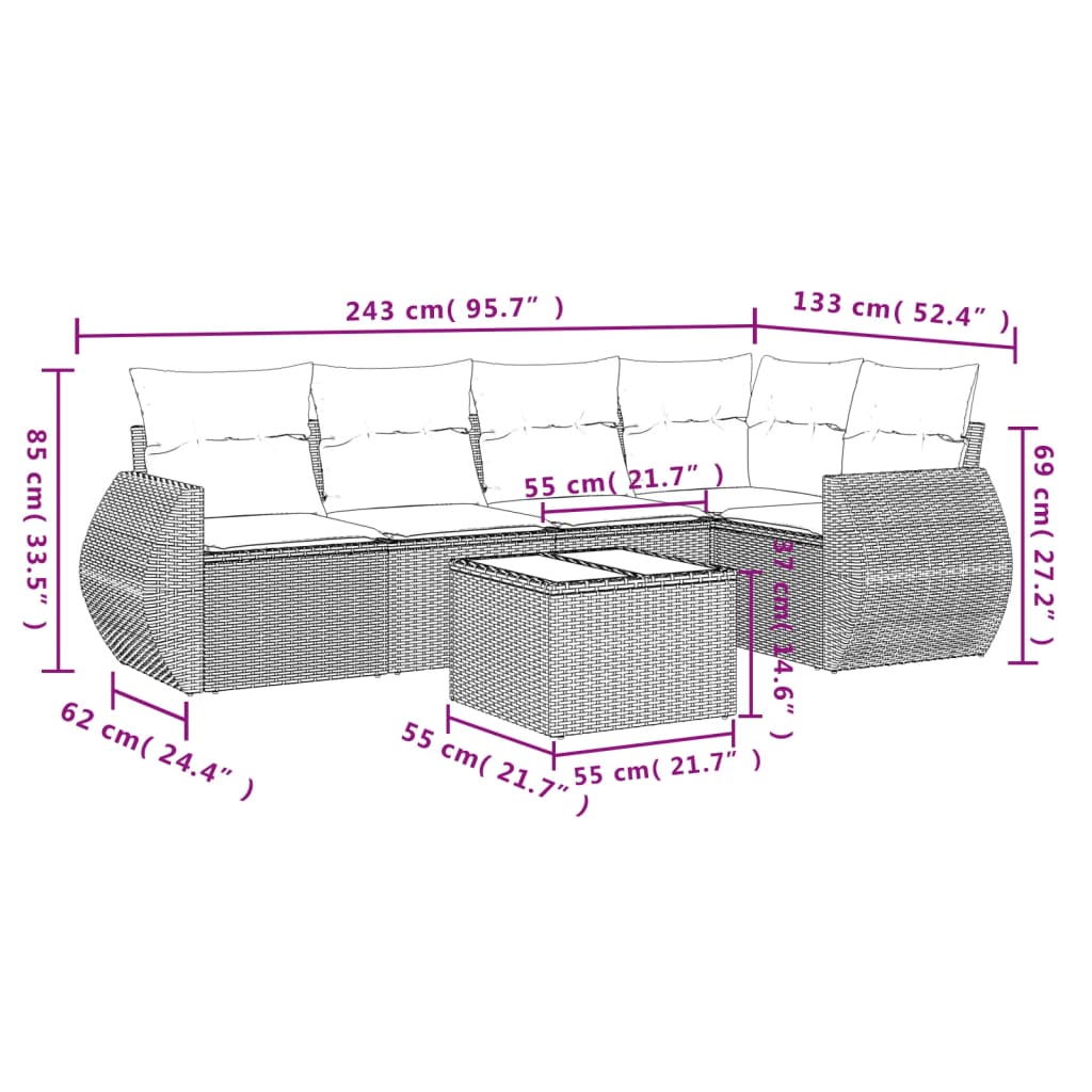 Set Divani da Giardino 6 pz con Cuscini Nero in Polyrattan