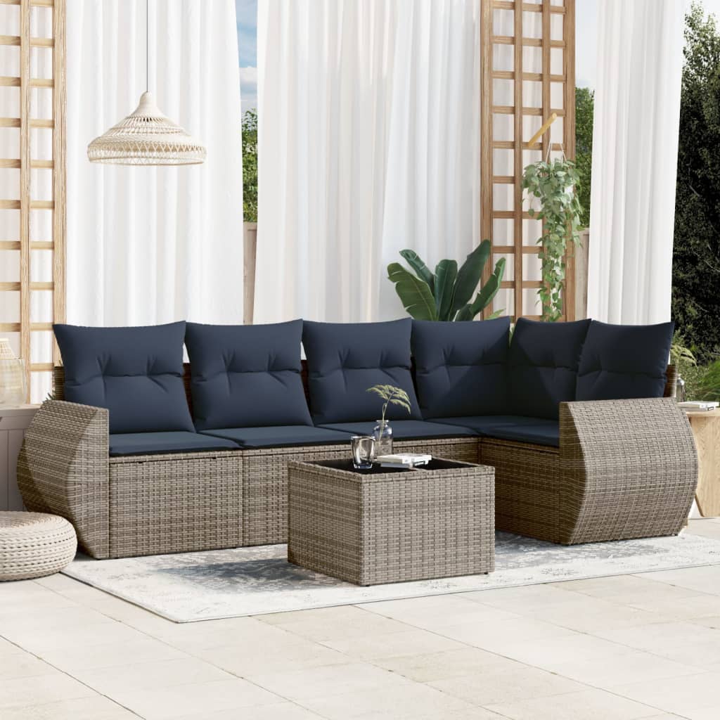 Set Divani da Giardino 6 pz con Cuscini Grigio in Polyrattan