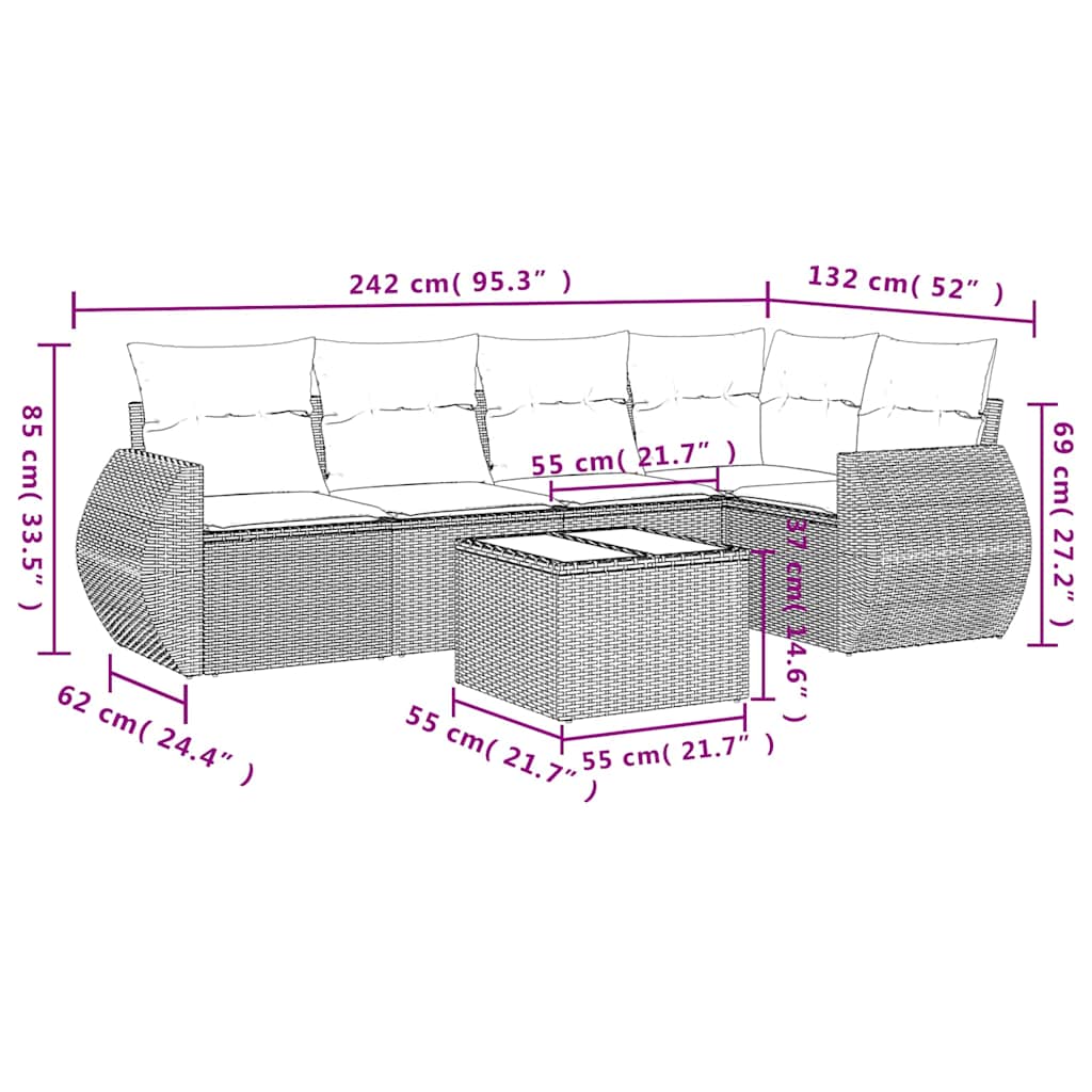 Set Divano da Giardino 6pz con Cuscini Grigio Chiaro Polyrattan