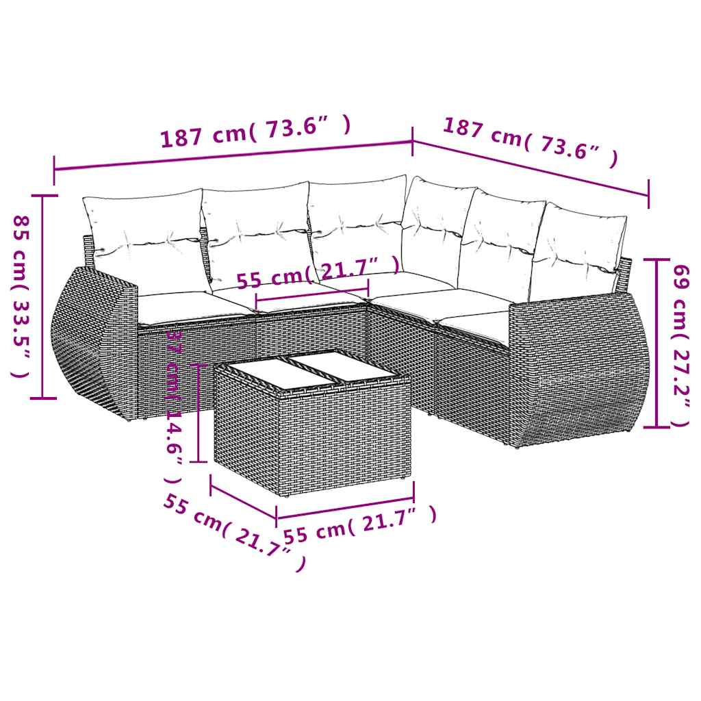 Set Divano da Giardino 6 pz con Cuscini Nero in Polyrattan