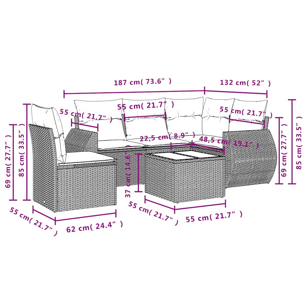 Set Divano da Giardino 6 pz con Cuscini Nero in Polyrattan
