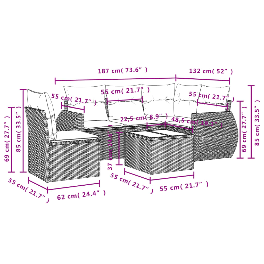 Set Divano da Giardino 6 pz con Cuscini Nero in Polyrattan