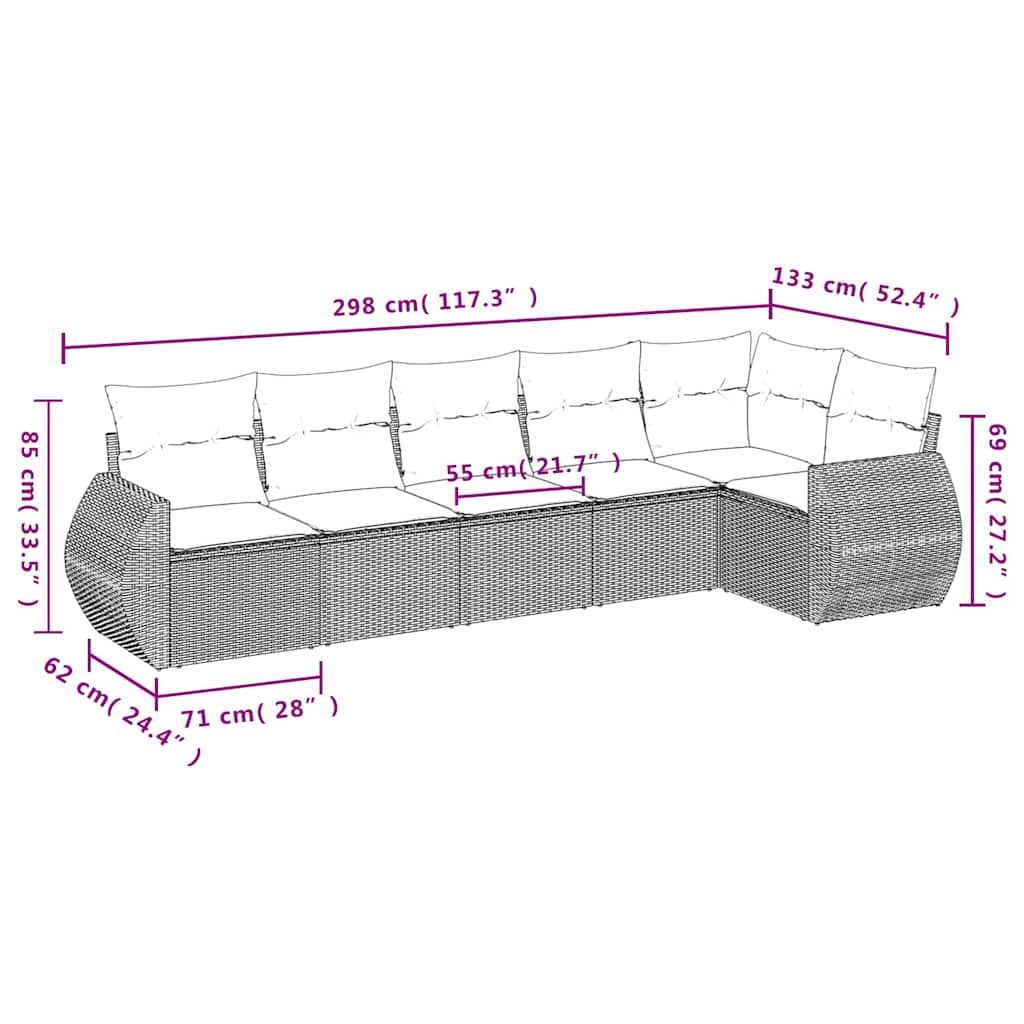 Set Divani da Giardino 6 pz con Cuscini Nero in Polyrattan
