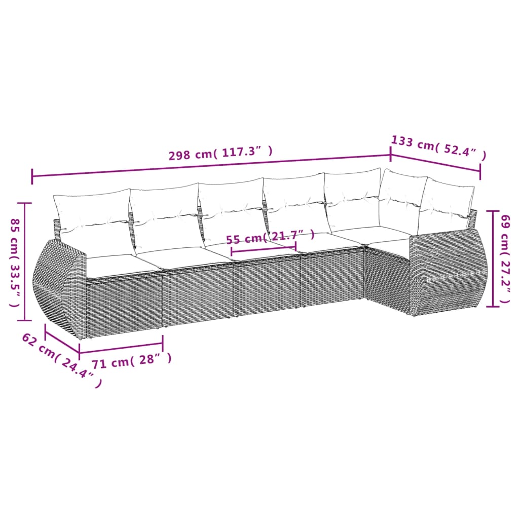 Set Divani da Giardino 6 pz con Cuscini Grigio in Polyrattan