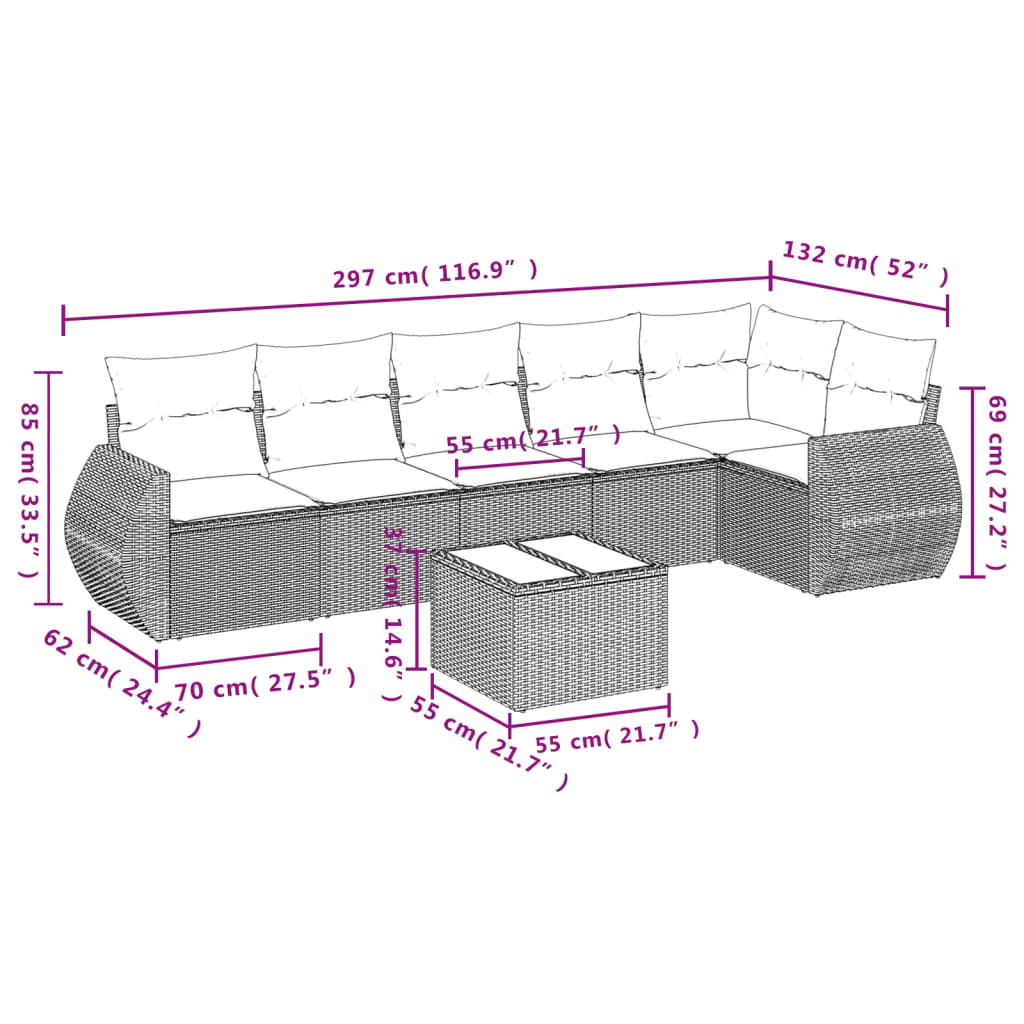 Set Divani da Giardino 7 pz con Cuscini Grigio in Polyrattan