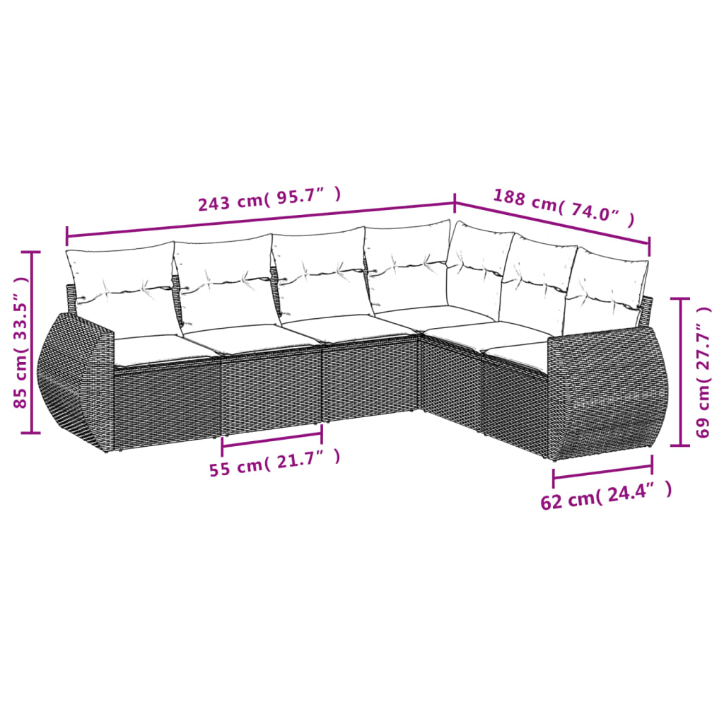 Set Divani da Giardino 6 pz con Cuscini Grigio in Polyrattan