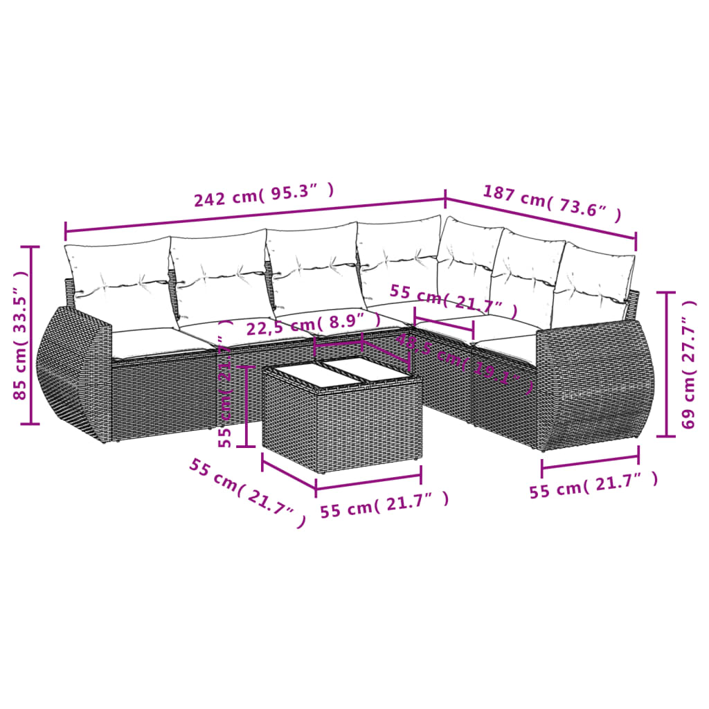 Set Divani da Giardino 7 pz con Cuscini Grigio in Polyrattan