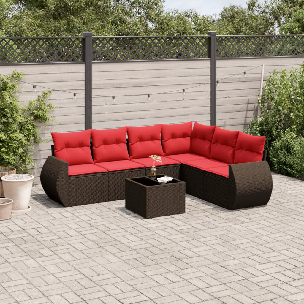 Set Divani da Giardino 7 pz con Cuscini Marrone in Polyrattan