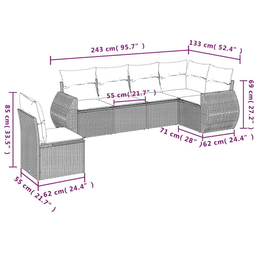 Set Divani da Giardino 6 pz con Cuscini Nero in Polyrattan