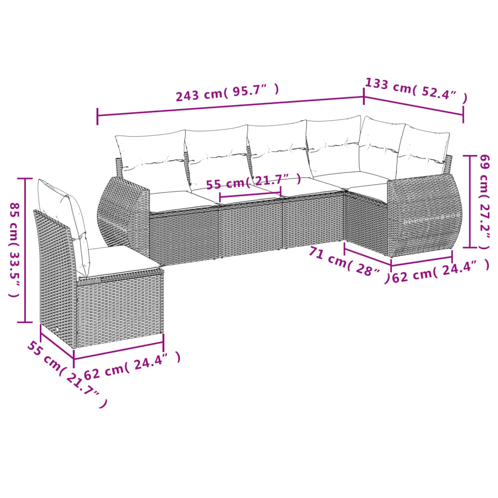 Set Divani da Giardino 6 pz con Cuscini Grigio in Polyrattan