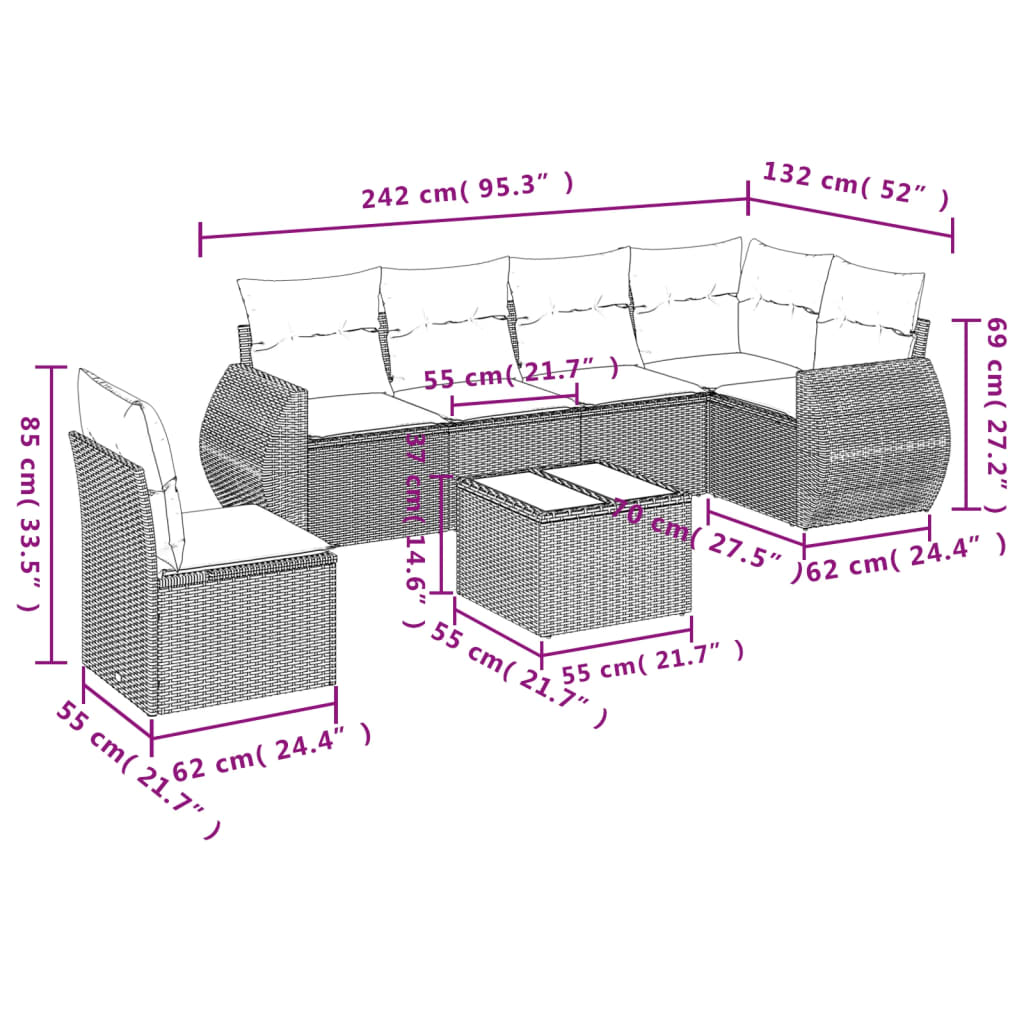 Set Divani da Giardino 7 pz con Cuscini Grigio in Polyrattan