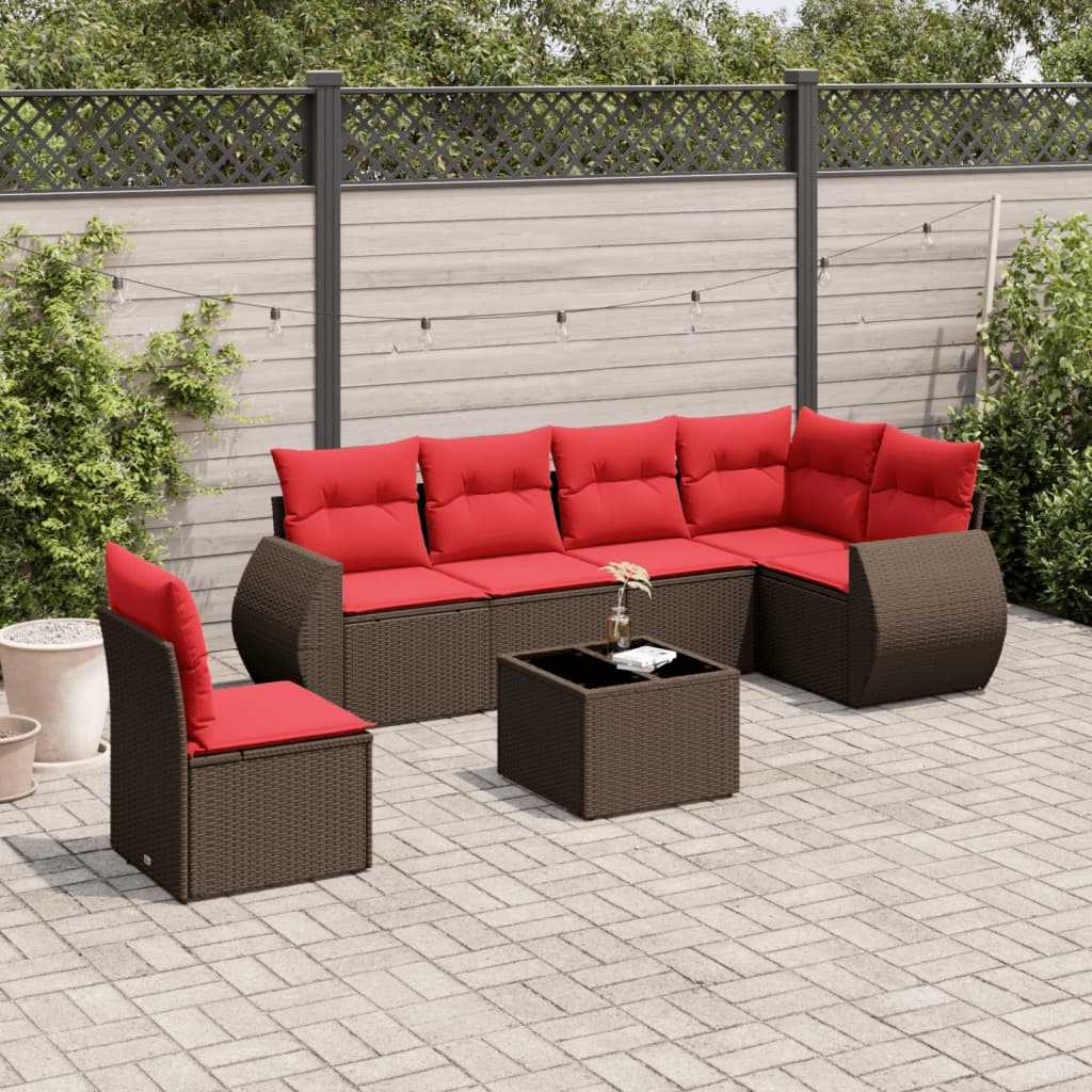 Set Divani da Giardino 7 pz con Cuscini Marrone in Polyrattan