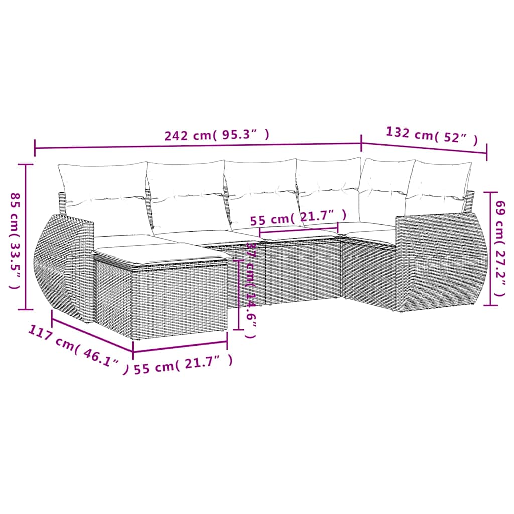 Set Divano da Giardino 6 pz con Cuscini Nero in Polyrattan