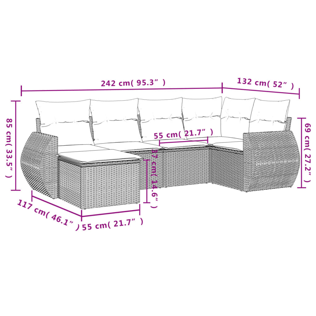 Set Divani da Giardino 6 pz con Cuscini Nero in Polyrattan