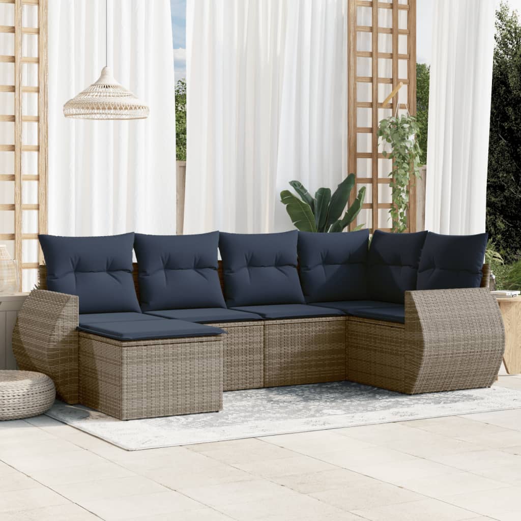 Set Divani da Giardino 6 pz con Cuscini Grigio in Polyrattan