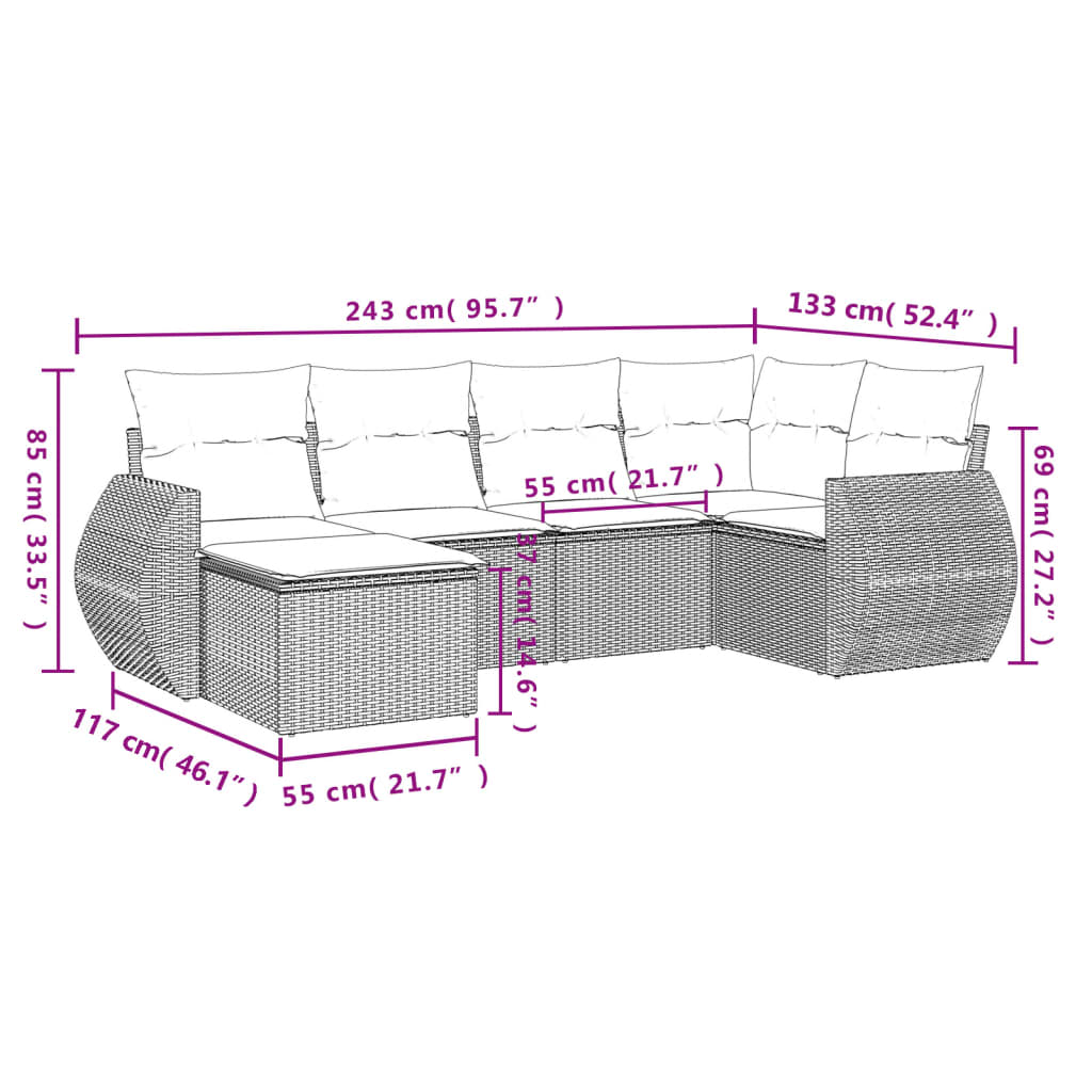 Set Divani da Giardino 6 pz con Cuscini Grigio in Polyrattan