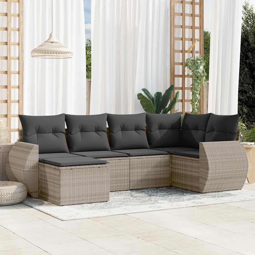 Set Divano da Giardino 6pz con Cuscini Grigio Chiaro Polyrattan