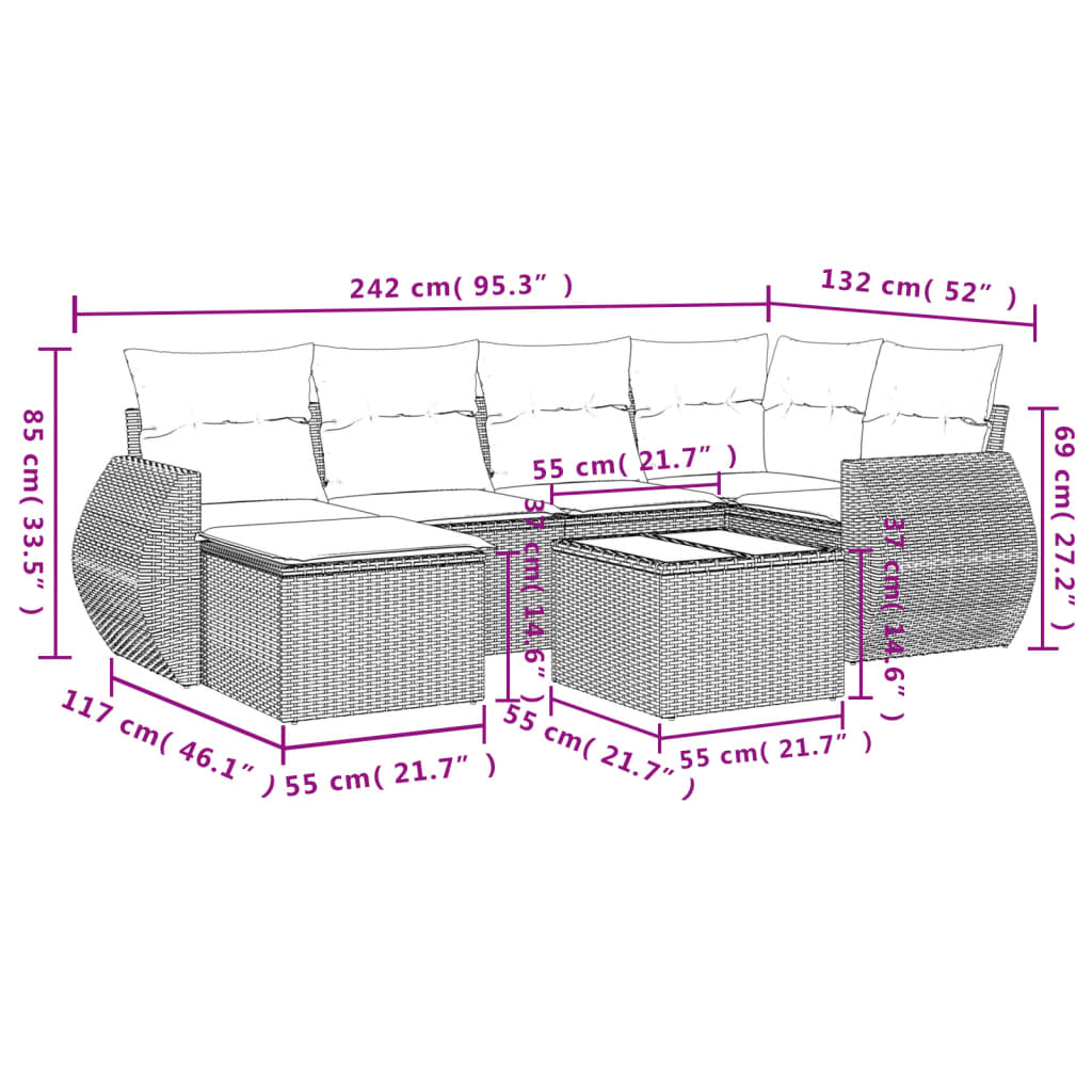 Set Divani da Giardino 7 pz con Cuscini Grigio in Polyrattan