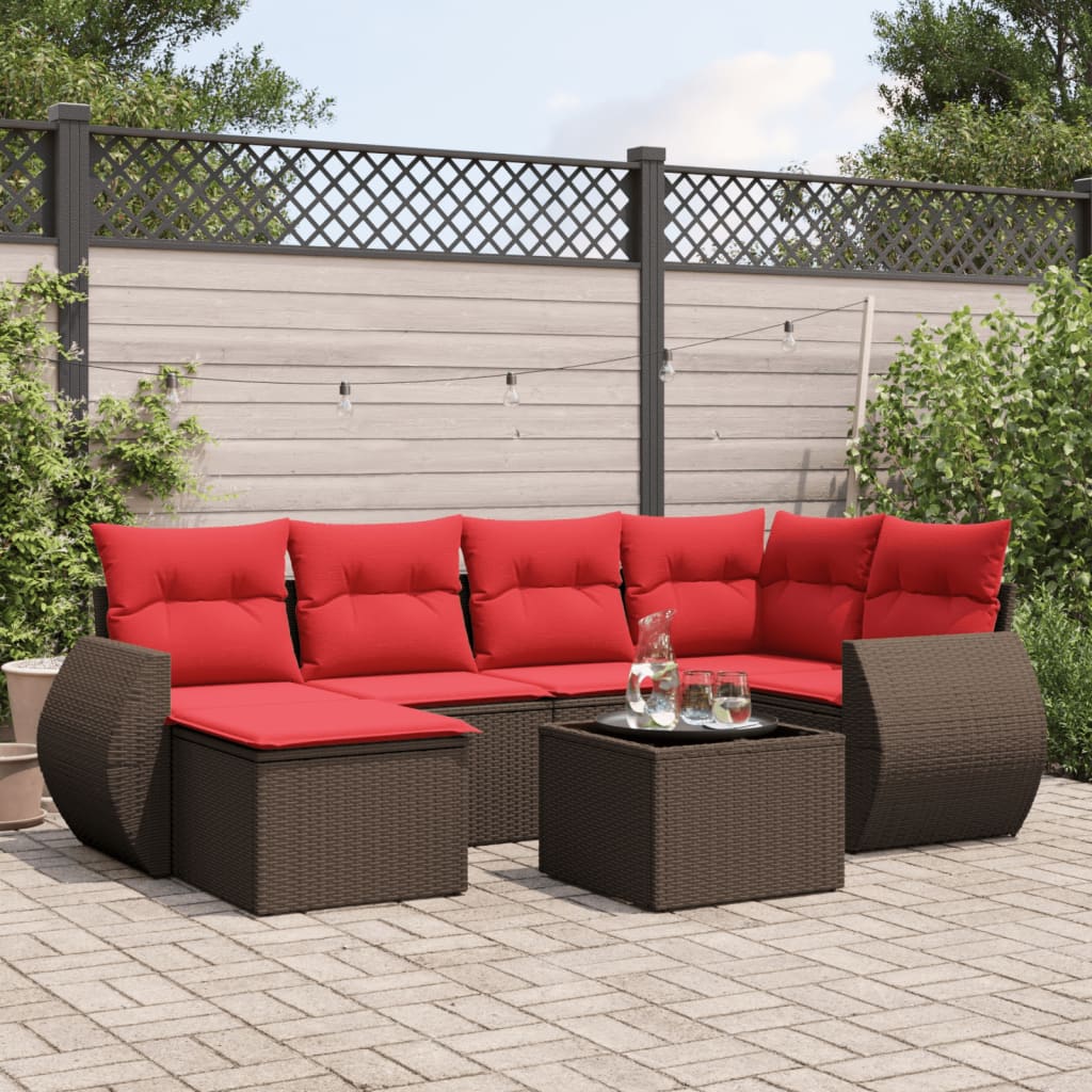 Set Divani da Giardino 7 pz con Cuscini Marrone in Polyrattan