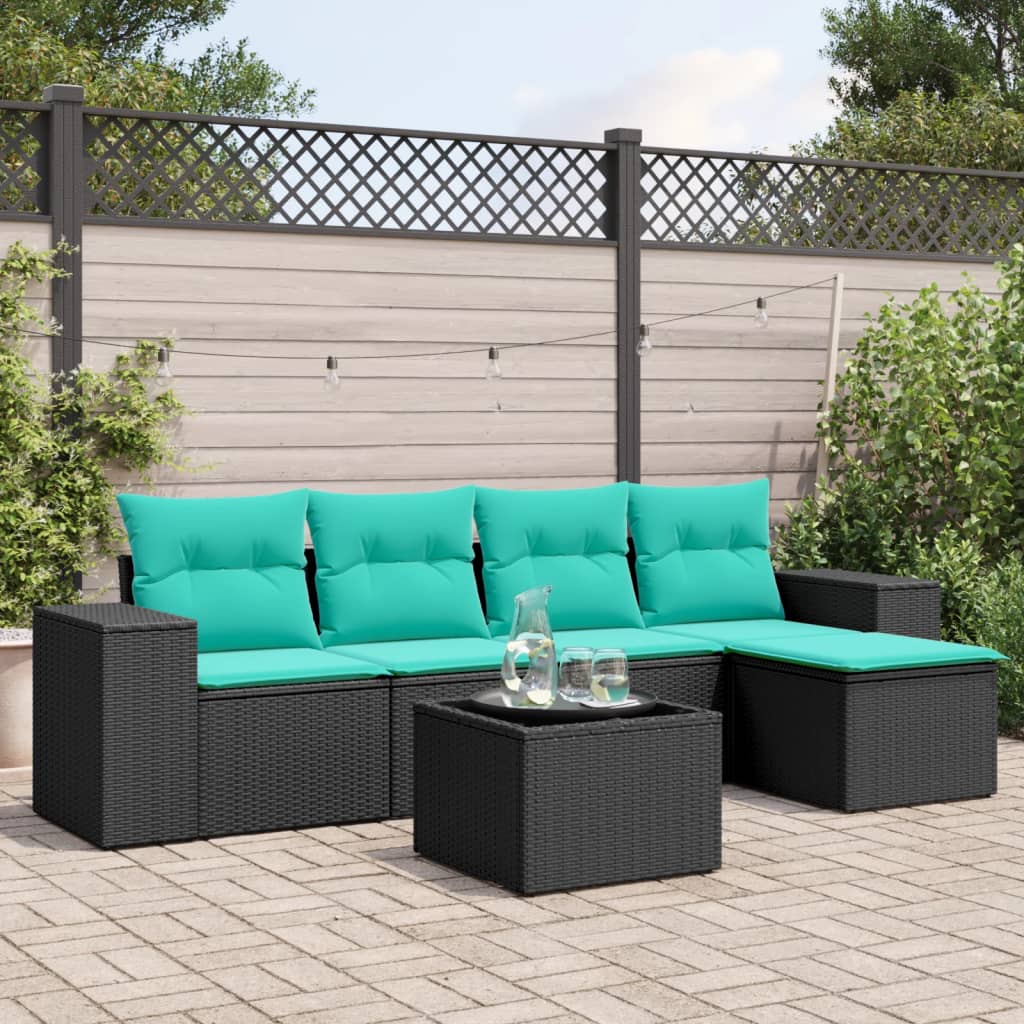 Set Divani da Giardino 6 pz con Cuscini Nero in Polyrattan