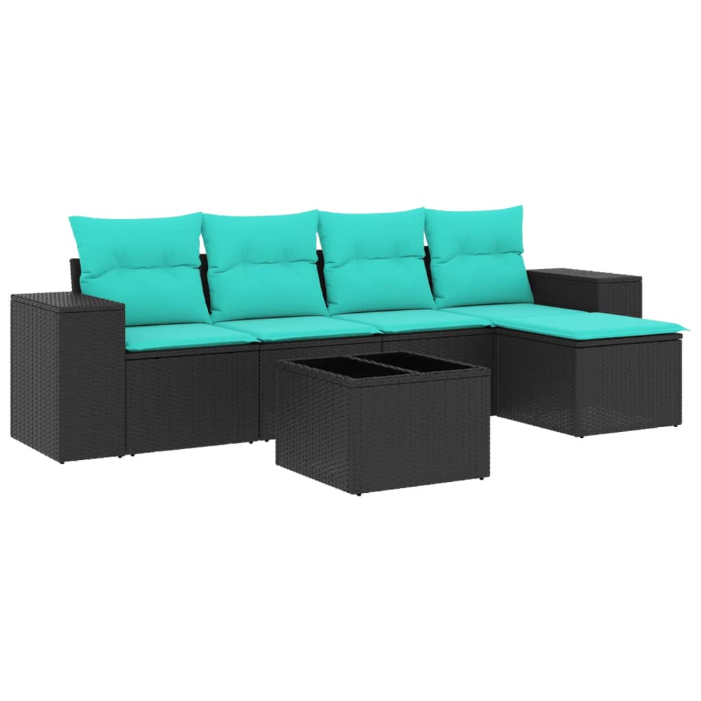 Set Divani da Giardino 6 pz con Cuscini Nero in Polyrattan