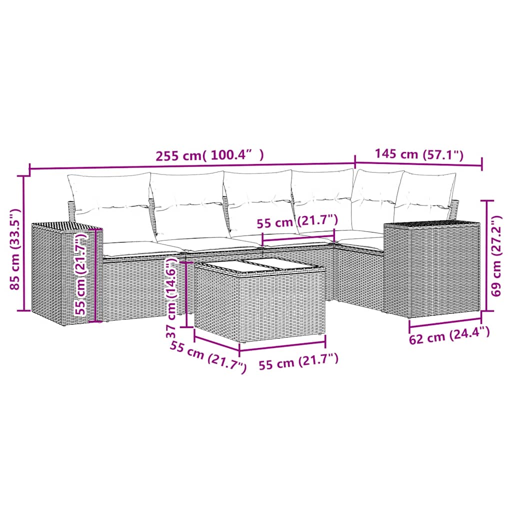 Set Divano da Giardino 6pz con Cuscini Grigio Chiaro Polyrattan