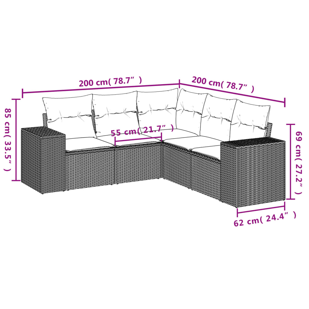 Set Divano da Giardino 5 pz con Cuscini Beige in Polyrattan