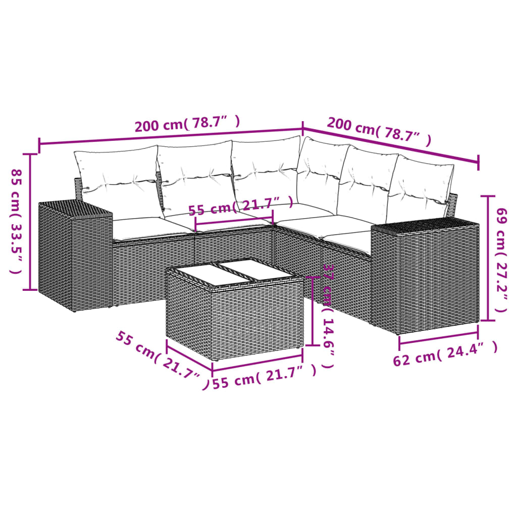 Set Divano da Giardino 6 pz con Cuscini Nero in Polyrattan